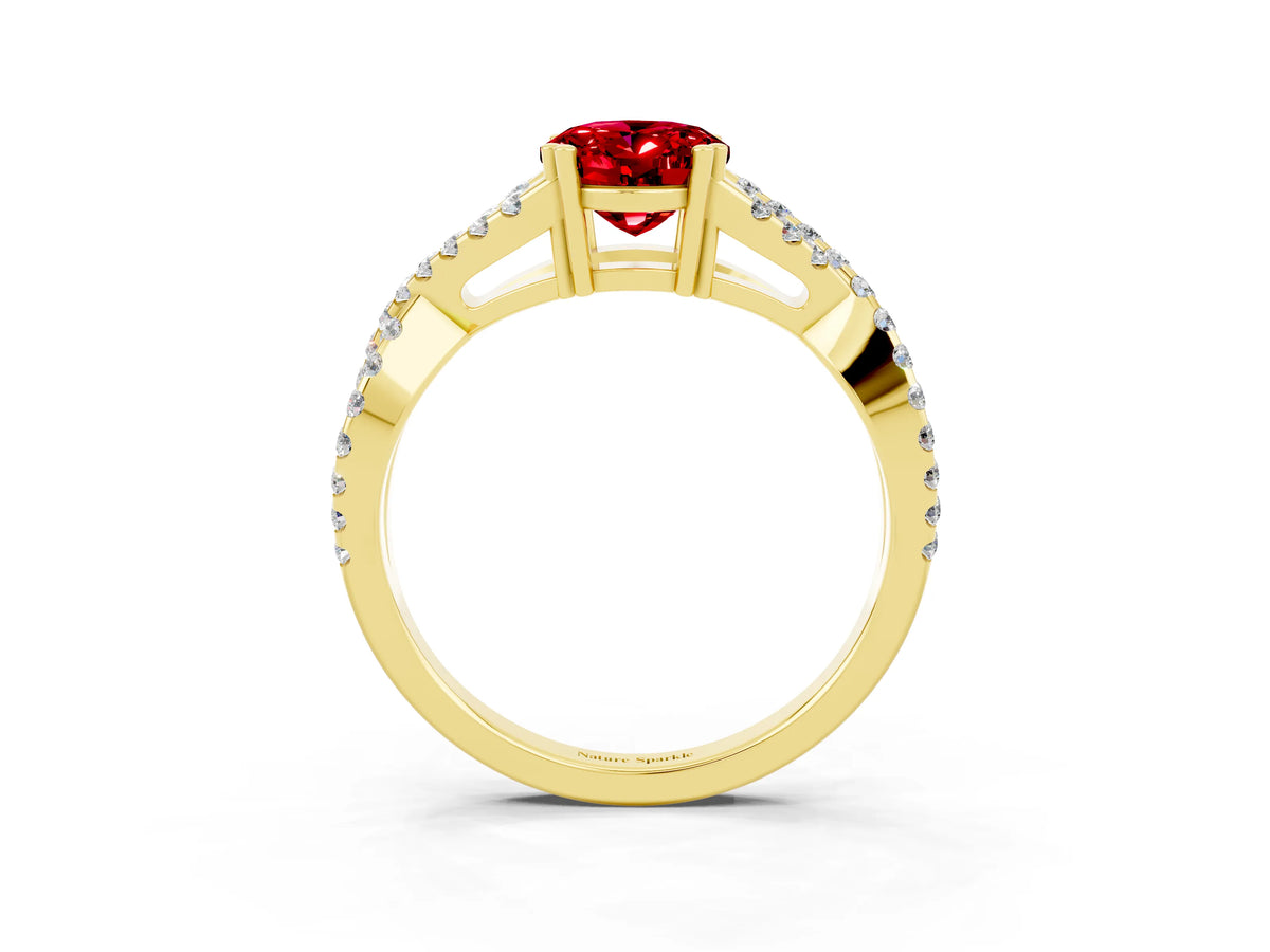 Oval Cut Ruby Solitaire Ring in Yellow gold with Interwoven Pavé Band and Prong Setting_3