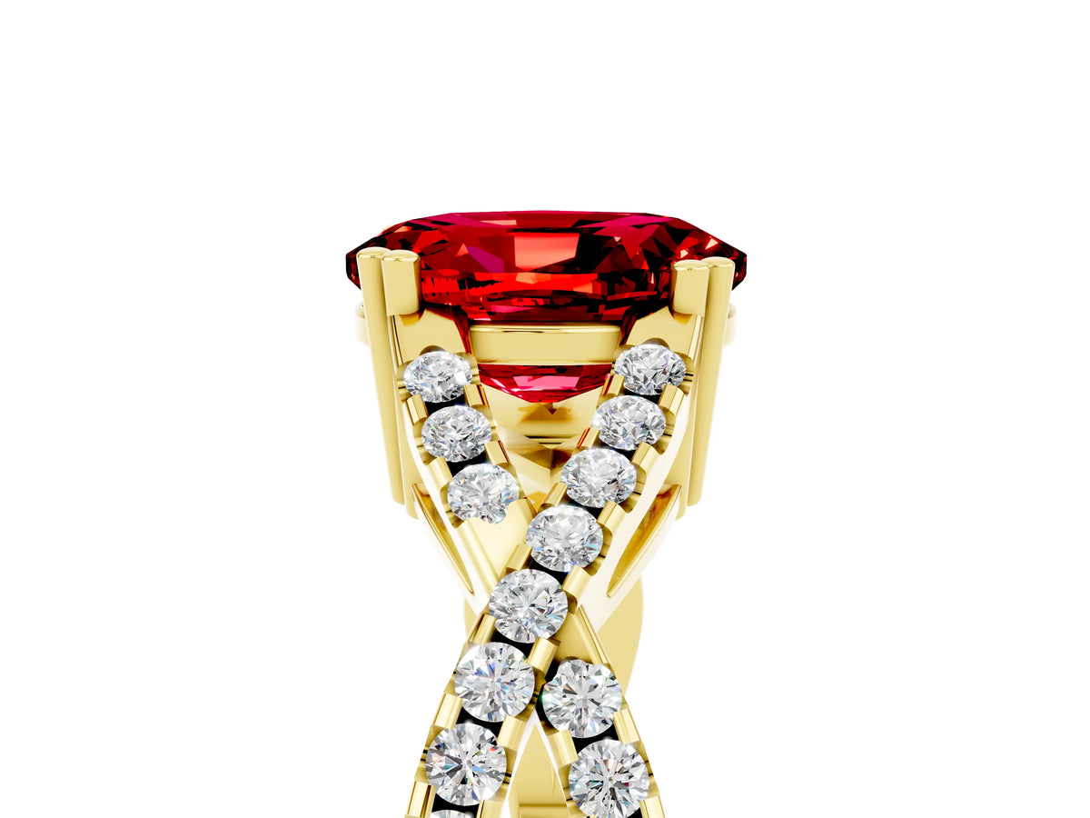 Oval Cut Ruby Solitaire Ring in Yellow gold with Interwoven Pavé Band and Prong Setting_5