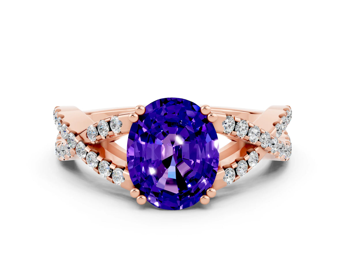 Oval Cut Tanzanite Solitaire Ring in Rose gold with Interwoven Pavé Band and Prong Setting