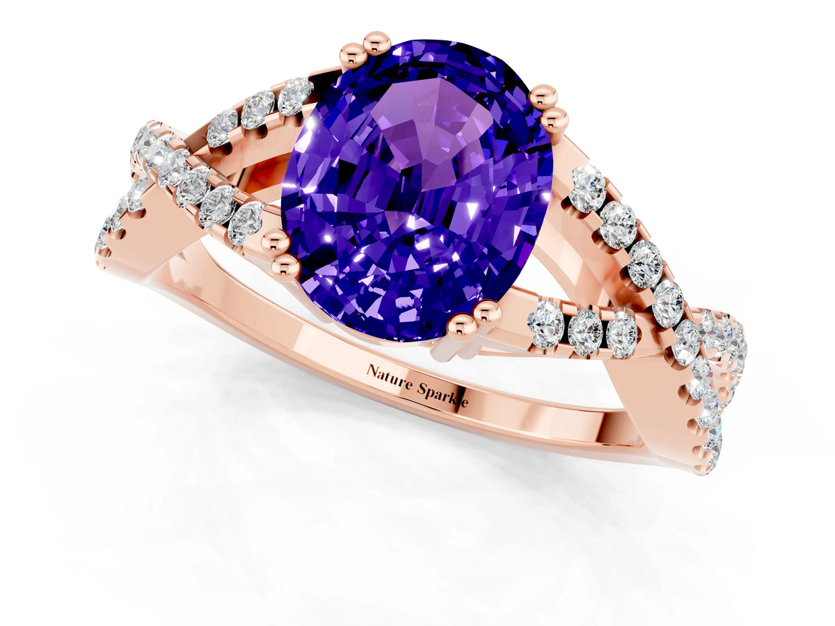 Oval Cut Tanzanite Solitaire Ring in Rose gold with Interwoven Pavé Band and Prong Setting_1