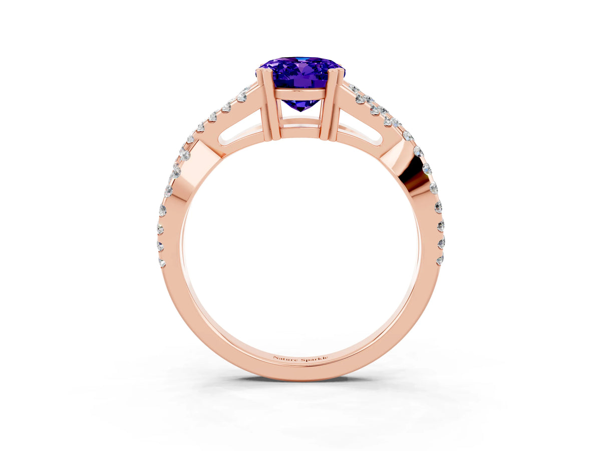 Oval Cut Tanzanite Solitaire Ring in Rose gold with Interwoven Pavé Band and Prong Setting_3