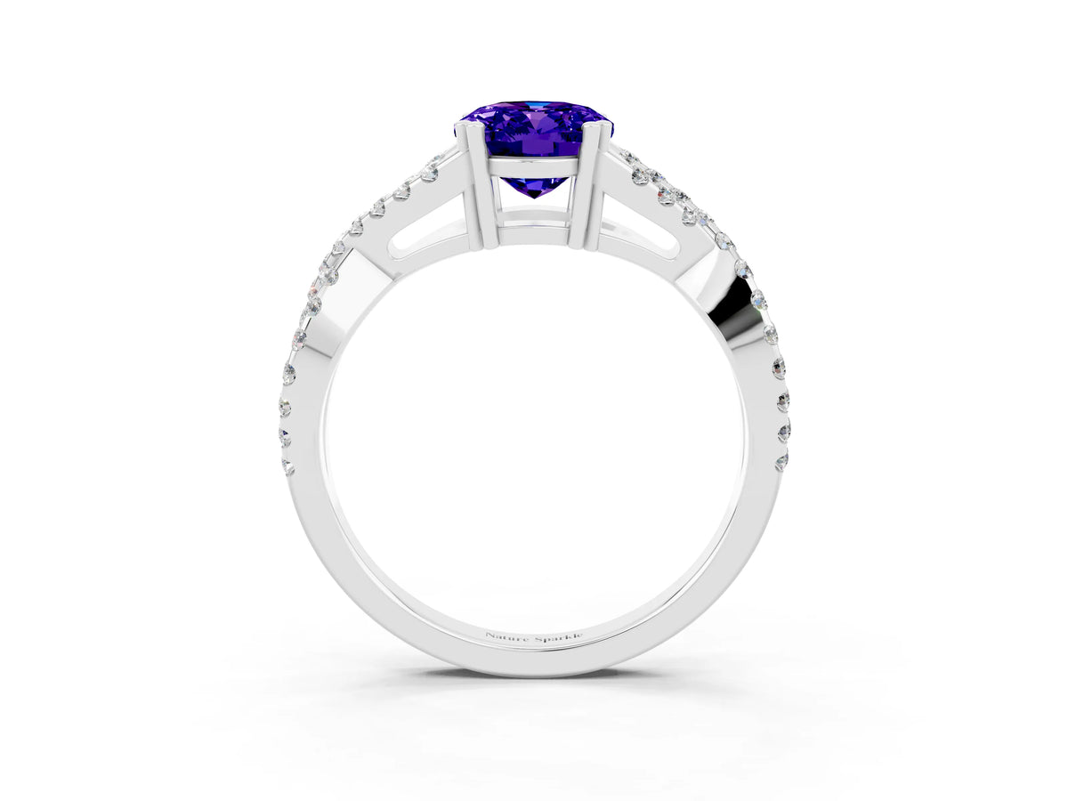 Oval Cut Tanzanite Solitaire Ring in Silver with Interwoven Pavé Band and Prong Setting_9