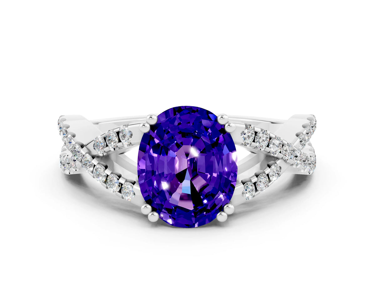 Oval Cut Tanzanite Solitaire Ring in White gold with Interwoven Pavé Band and Prong Setting
