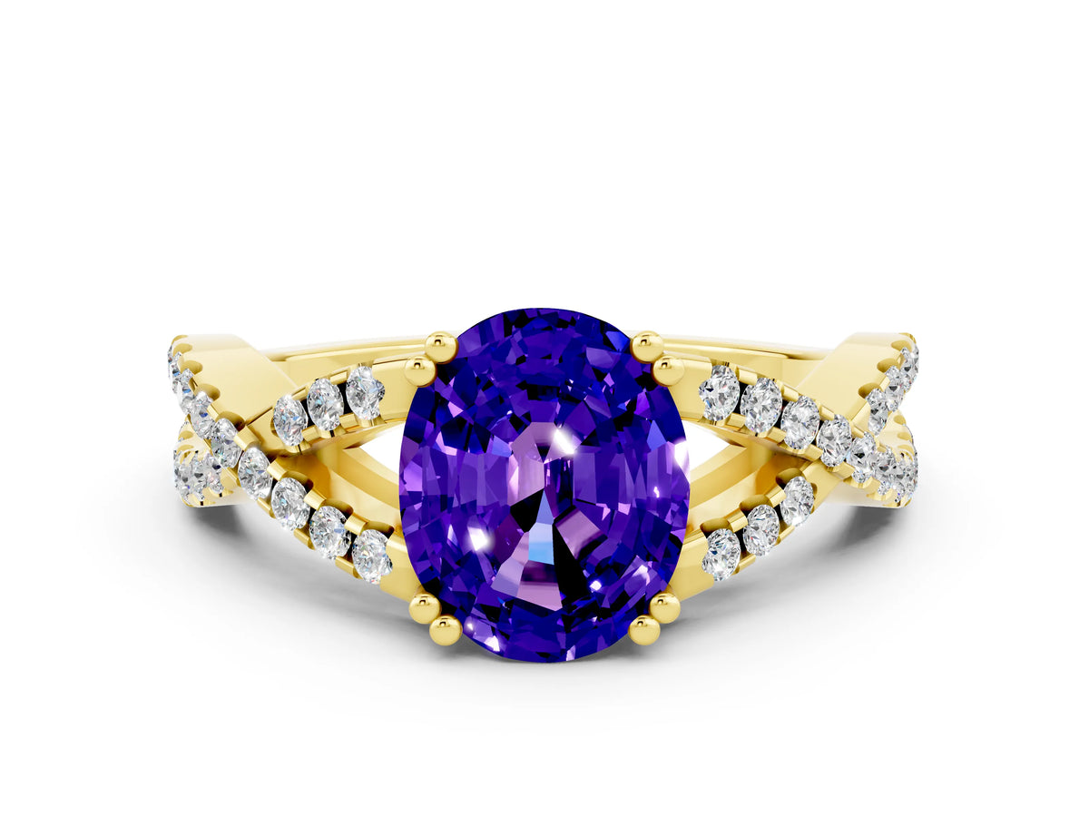 Oval Cut Tanzanite Solitaire Ring in Yellow gold with Interwoven Pavé Band and Prong Setting