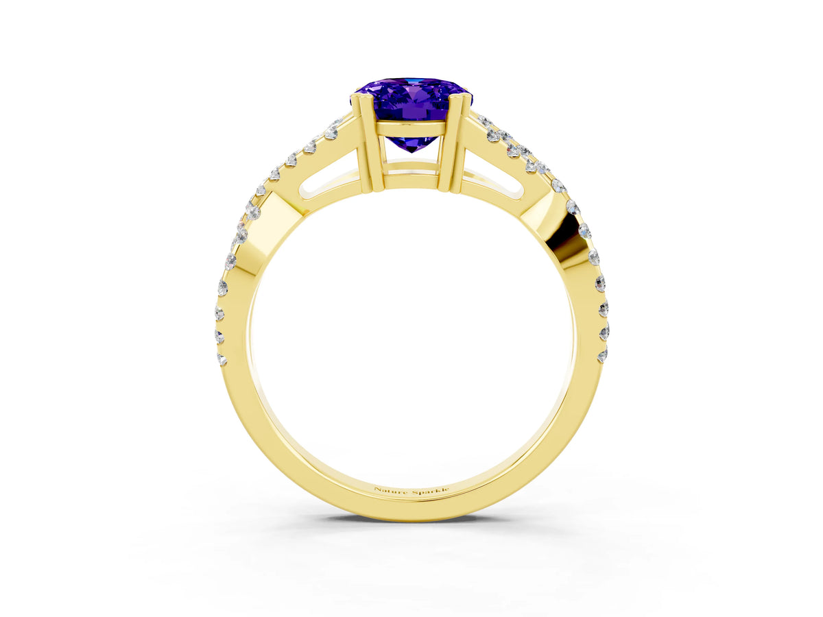 Oval Cut Tanzanite Solitaire Ring in Yellow gold with Interwoven Pavé Band and Prong Setting_3