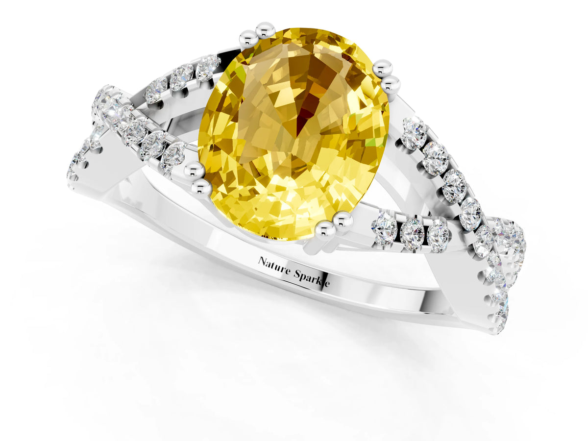 Oval Cut Yellow Sapphire Solitaire Ring in Silver with Interwoven Pavé Band and Prong Setting_7