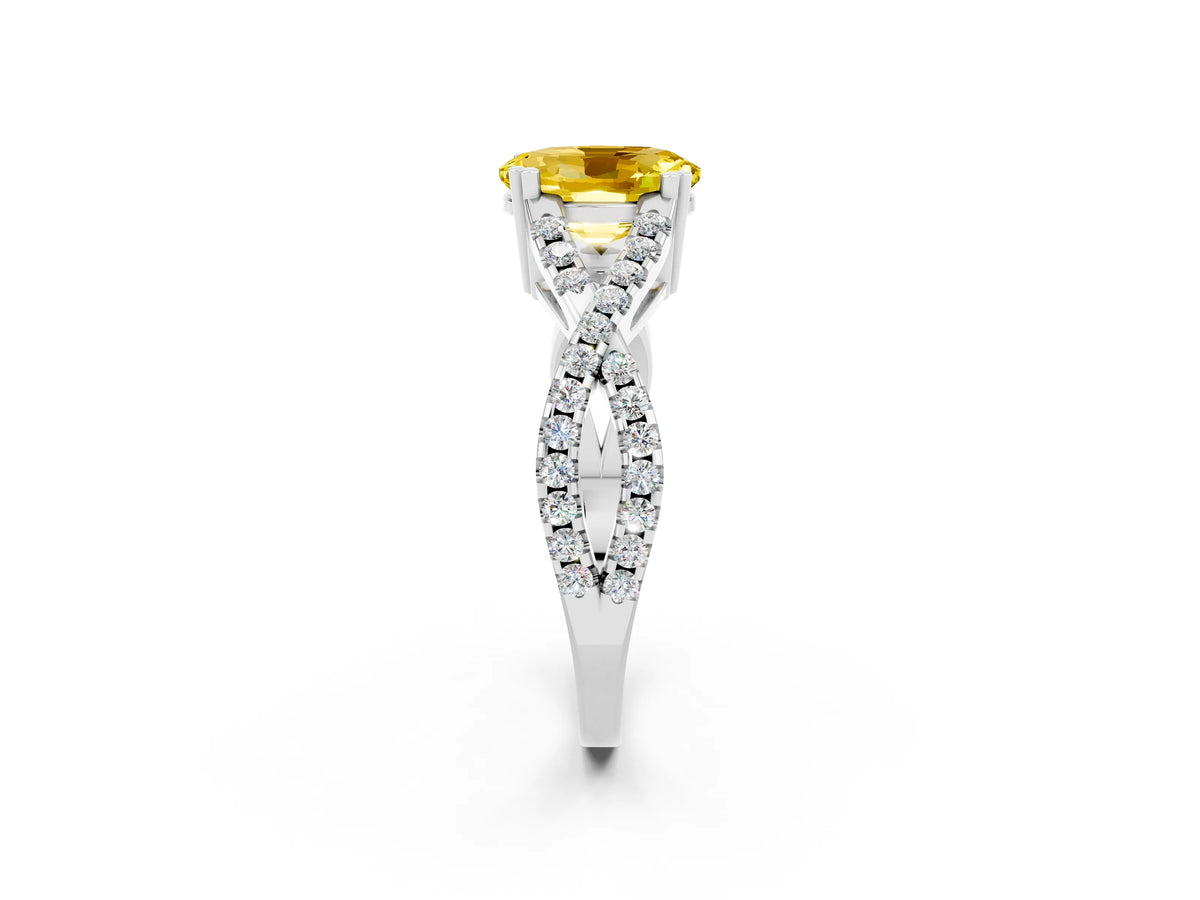 Oval Cut Yellow Sapphire Solitaire Ring in Silver with Interwoven Pavé Band and Prong Setting_8