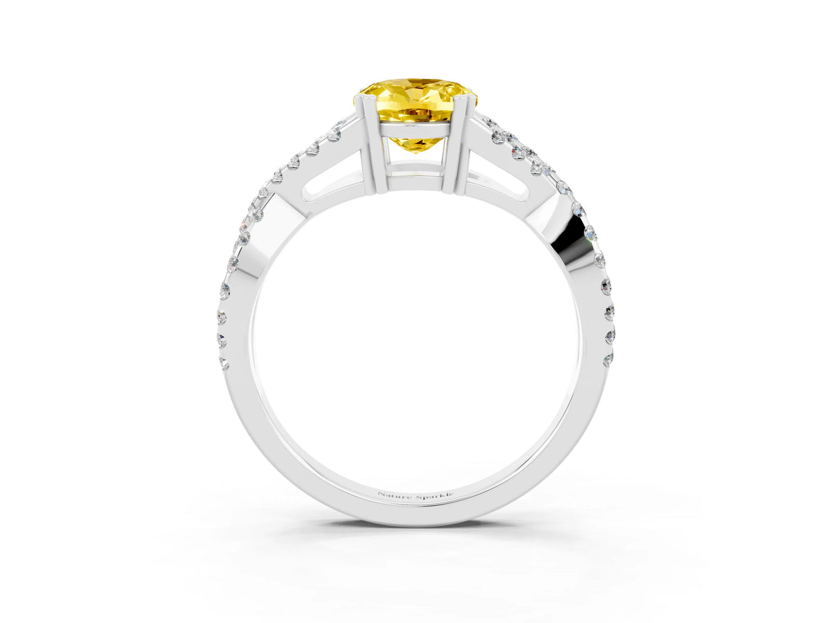 Oval Cut Yellow Sapphire Solitaire Ring in White gold with Interwoven Pavé Band and Prong Setting_3