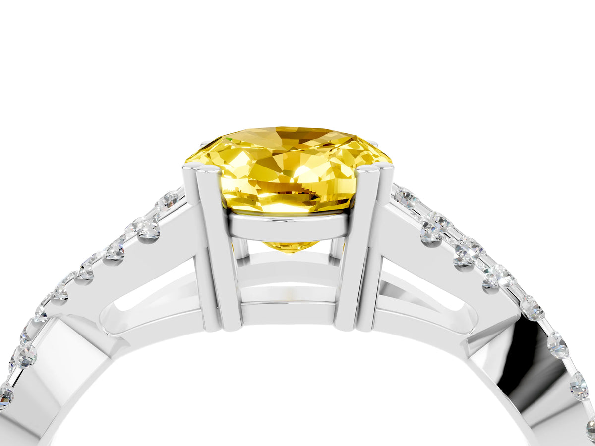 Oval Cut Yellow Sapphire Solitaire Ring in White gold with Interwoven Pavé Band and Prong Setting_4