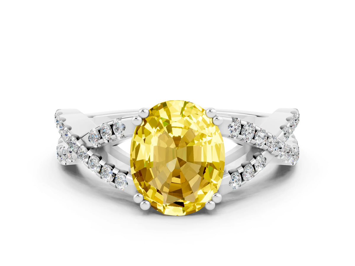 Oval Cut Yellow Sapphire Solitaire Ring in White gold with Interwoven Pavé Band and Prong Setting