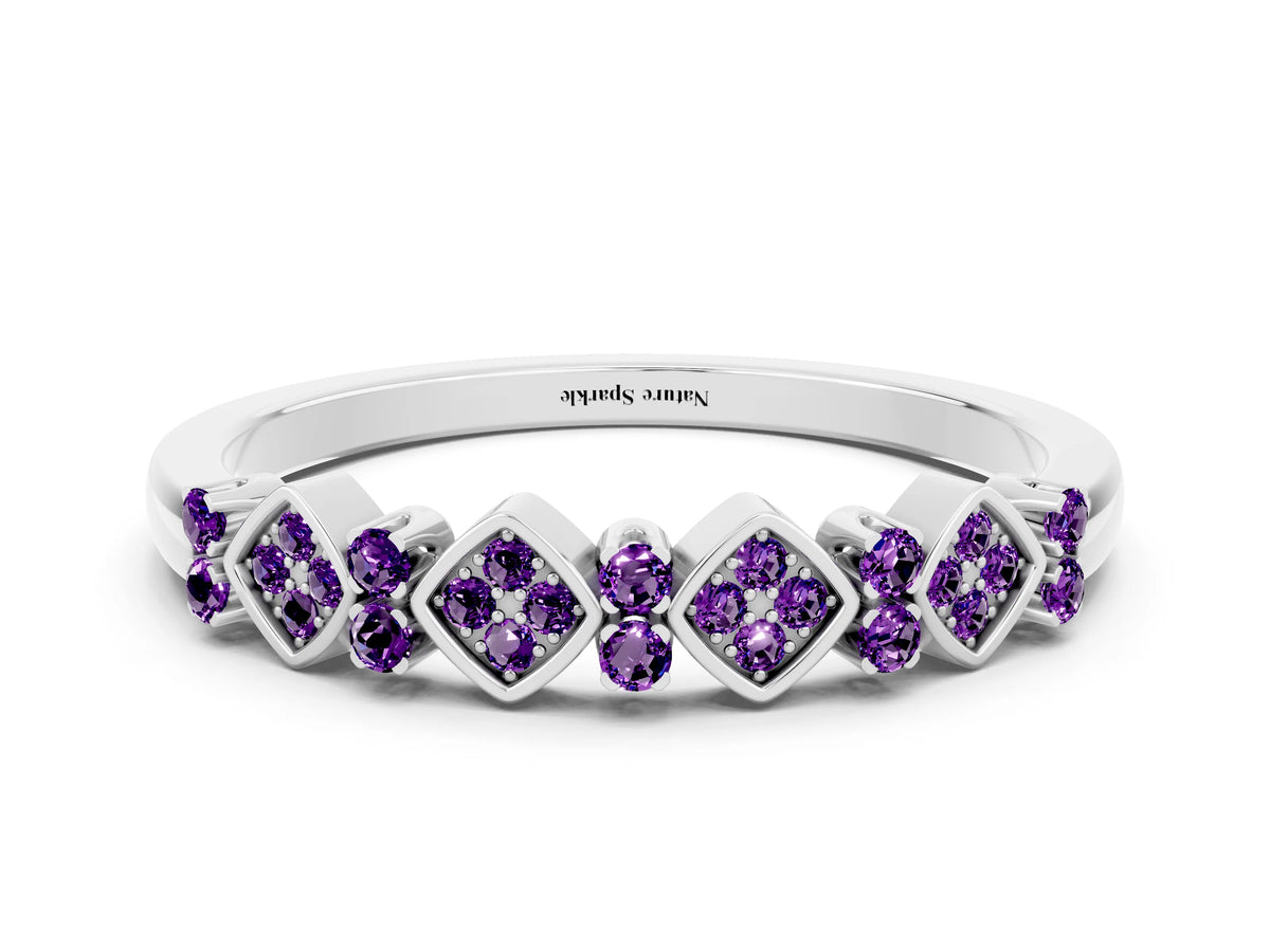 Pavé Cushion Amethyst Cluster Eternity Band in Platinum with Prong Setting