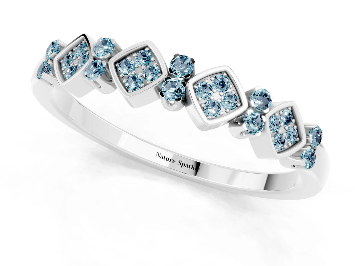 Pavé Cushion Aquamarine Cluster Eternity Band in Platinum with Prong Setting_1