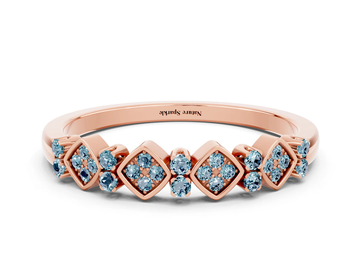 Pavé Cushion Aquamarine Cluster Eternity Band in Rose gold with Prong Setting