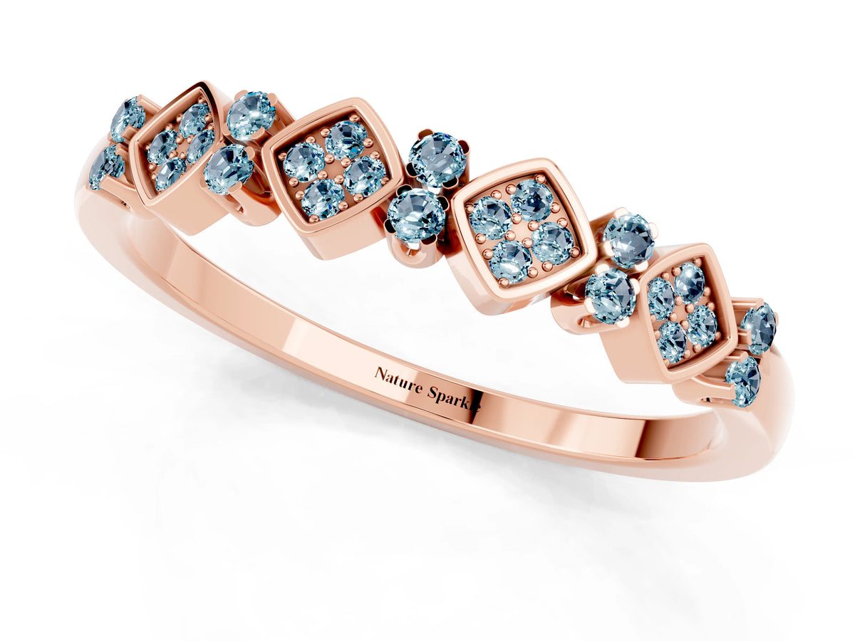 Pavé Cushion Aquamarine Cluster Eternity Band in Rose gold with Prong Setting_1