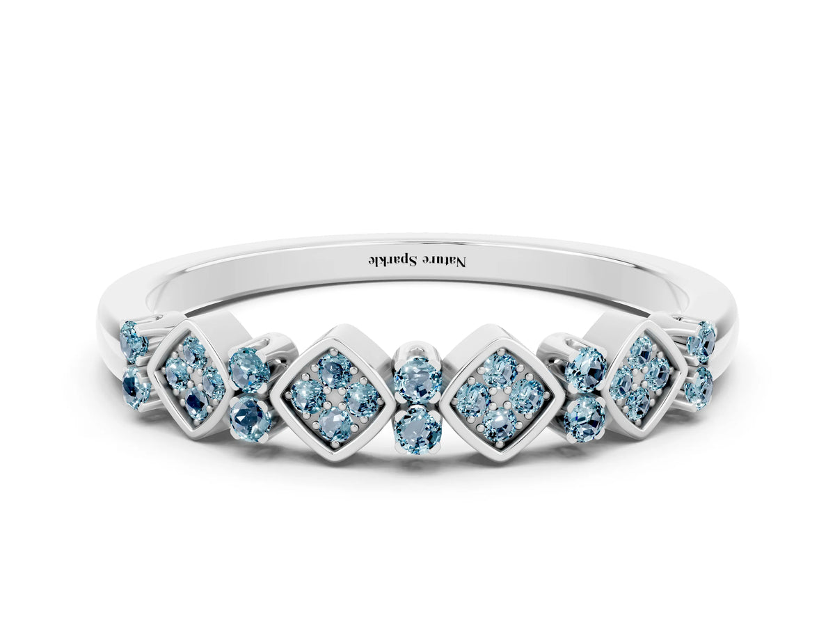 Pavé Cushion Aquamarine Cluster Eternity Band in White gold with Prong Setting