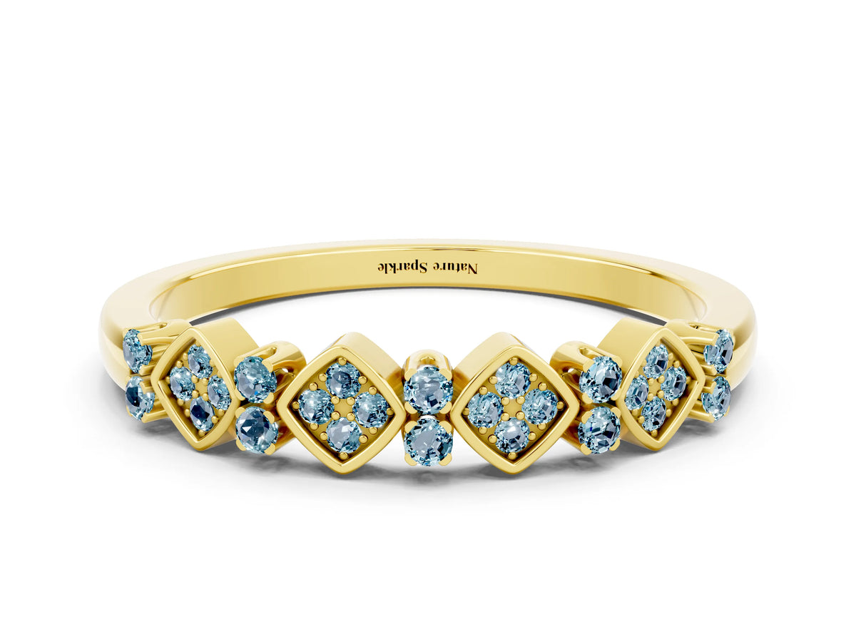 Pavé Cushion Aquamarine Cluster Eternity Band in Yellow gold with Prong Setting