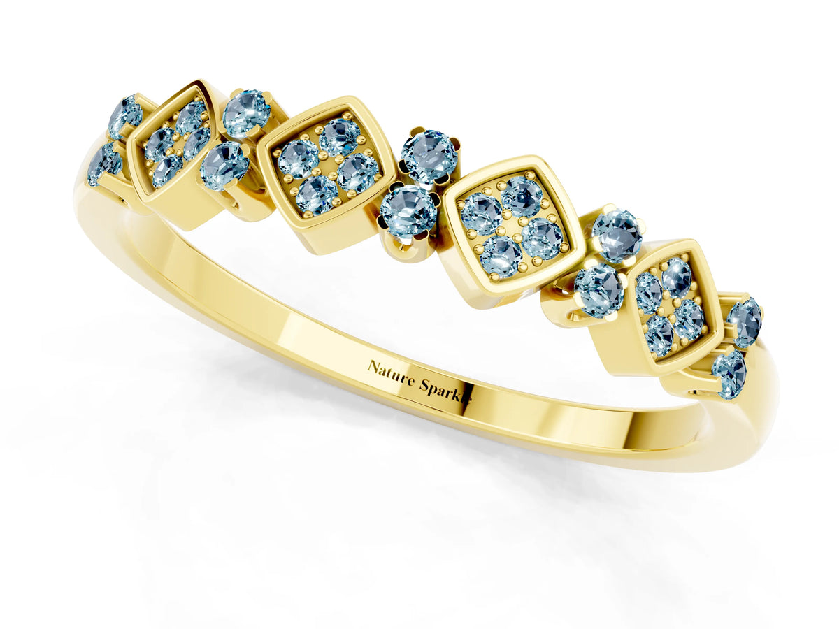 Pavé Cushion Aquamarine Cluster Eternity Band in Yellow gold with Prong Setting_1
