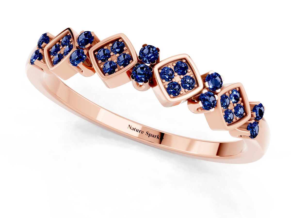 Pavé Cushion Blue Sapphire Cluster Eternity Band in Rose gold with Prong Setting_1