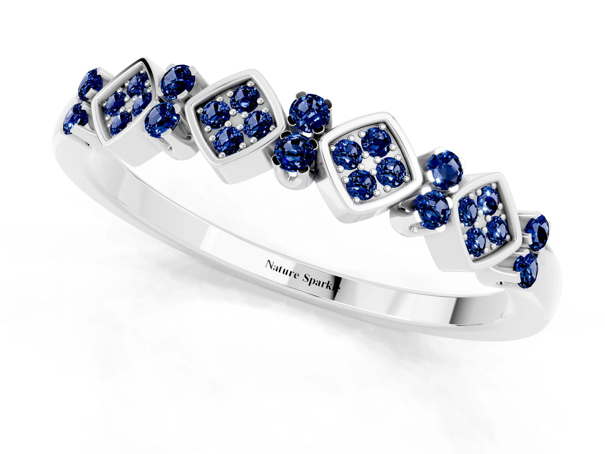 Pavé Cushion Blue Sapphire Cluster Eternity Band in Silver with Prong Setting_1