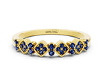 Pavé Cushion Blue Sapphire Cluster Eternity Band in Yellow gold with Prong Setting