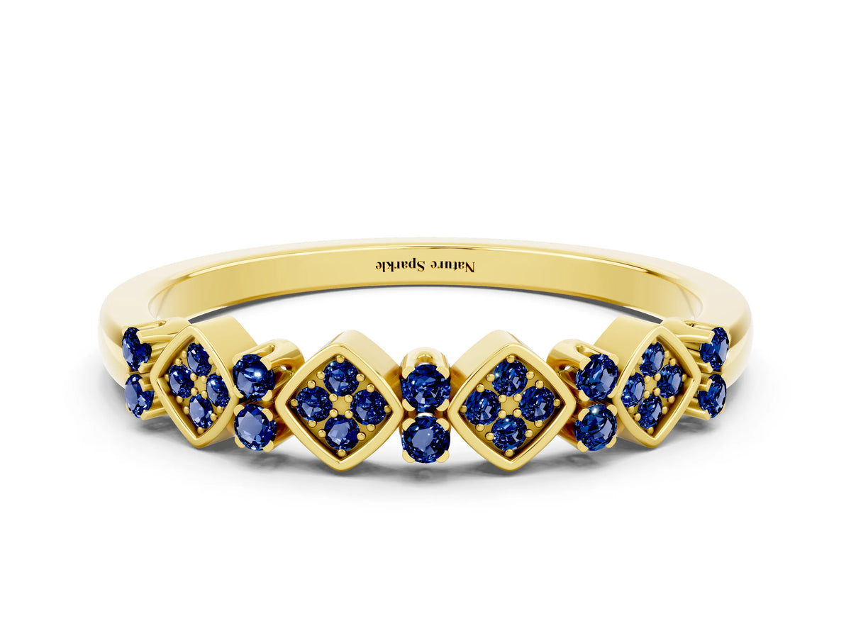 Pavé Cushion Blue Sapphire Cluster Eternity Band in Yellow gold with Prong Setting