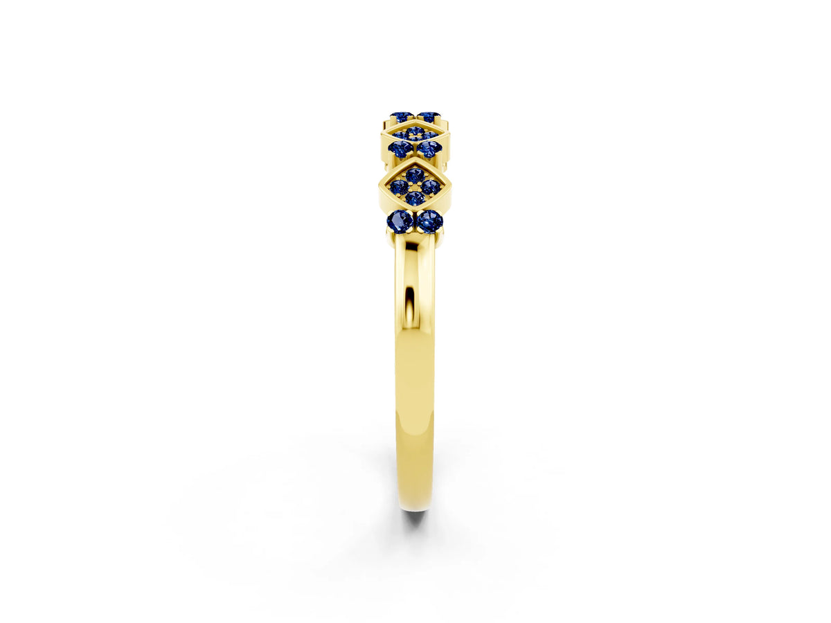 Pavé Cushion Blue Sapphire Cluster Eternity Band in Yellow gold with Prong Setting_2