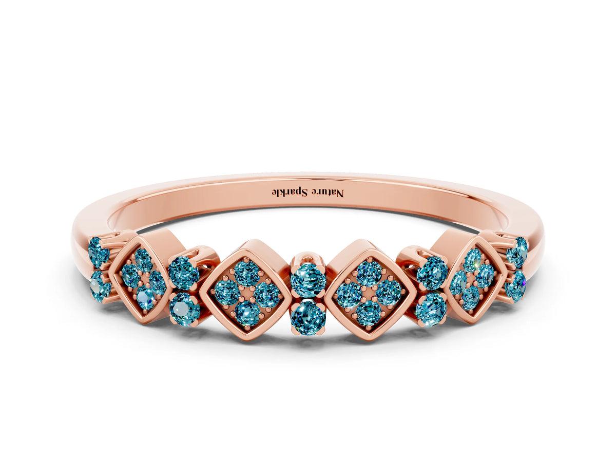Pavé Cushion Blue Topaz Cluster Eternity Band in Rose gold with Prong Setting