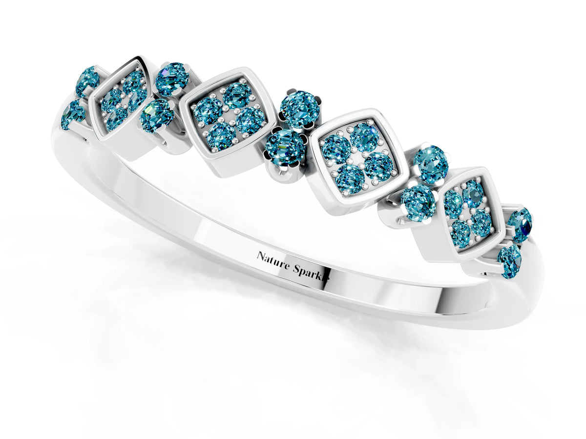 Pavé Cushion Blue Topaz Cluster Eternity Band in Silver with Prong Setting_1