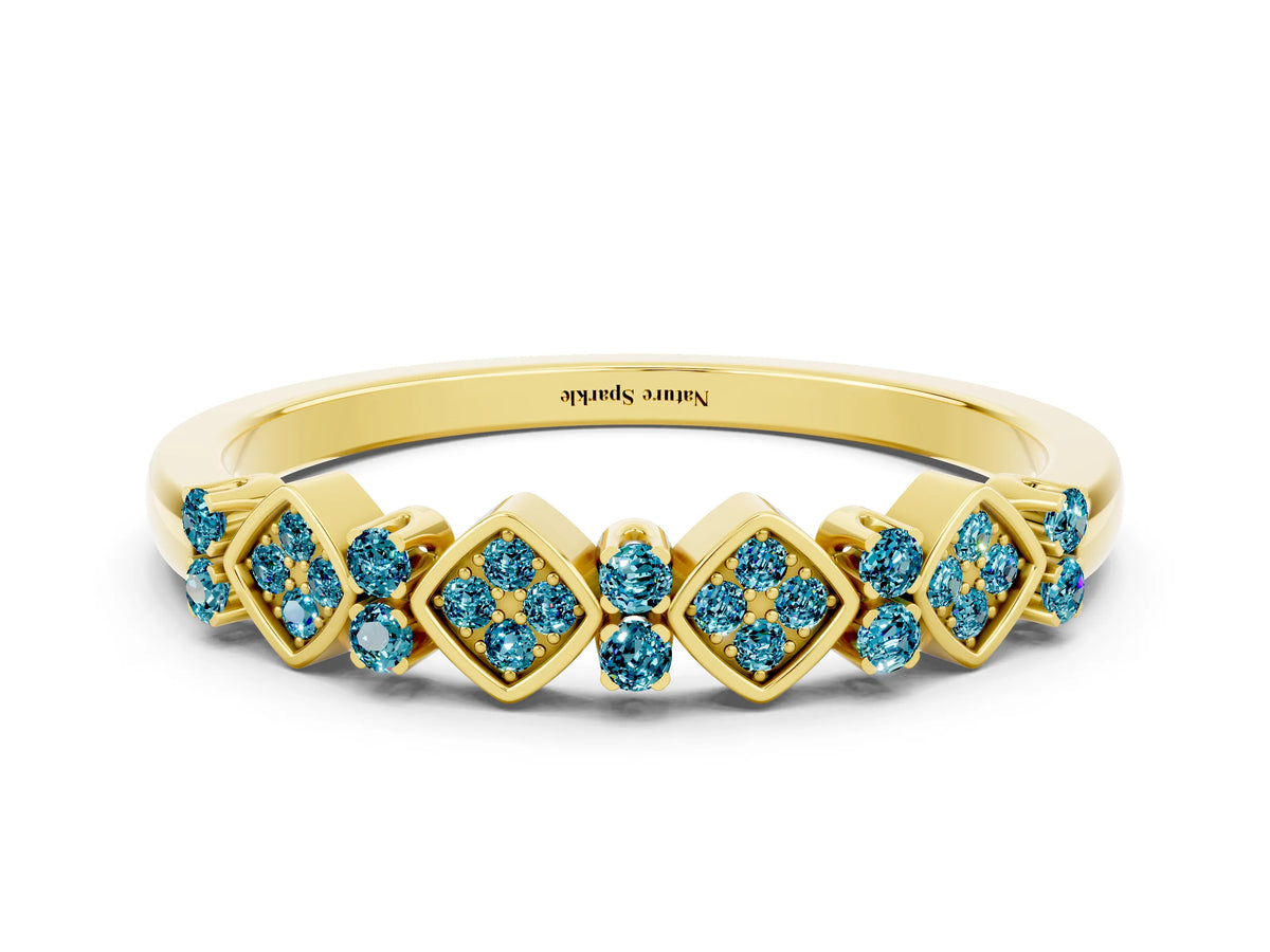 Pavé Cushion Blue Topaz Cluster Eternity Band in Yellow gold with Prong Setting