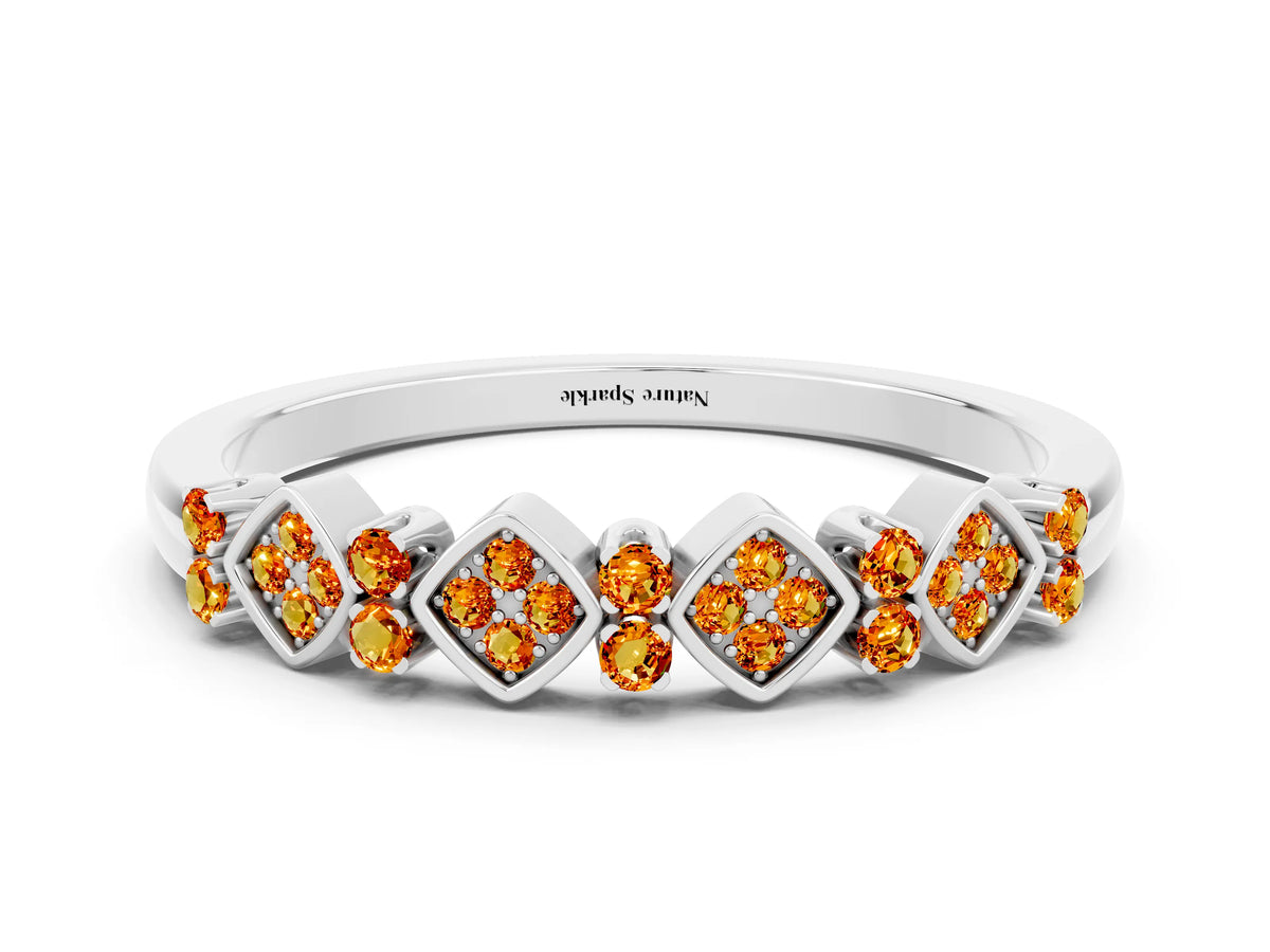Pavé Cushion Citrine Cluster Eternity Band in White gold with Prong Setting