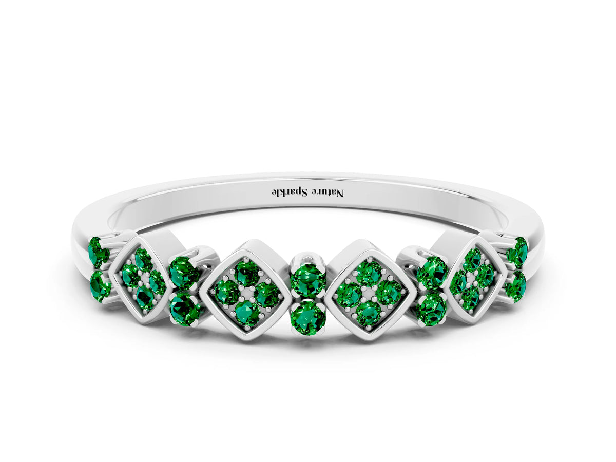 Pavé Cushion Emerald Cluster Eternity Band in Silver with Prong Setting