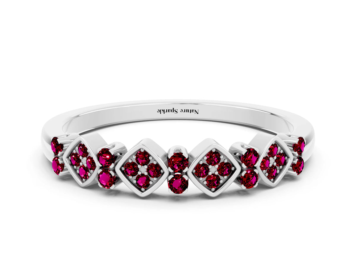 Pavé Cushion Garnet Cluster Eternity Band in White gold with Prong Setting
