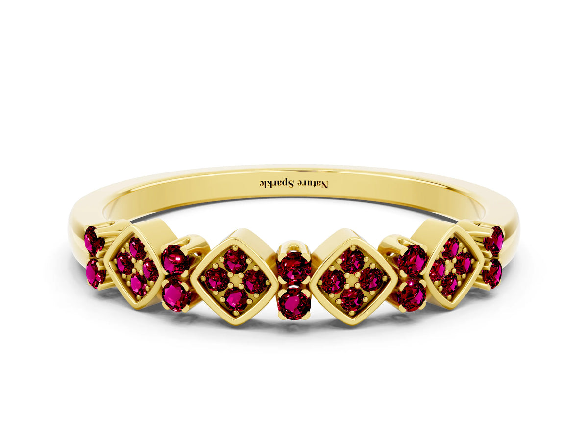 Pavé Cushion Garnet Cluster Eternity Band in Yellow gold with Prong Setting