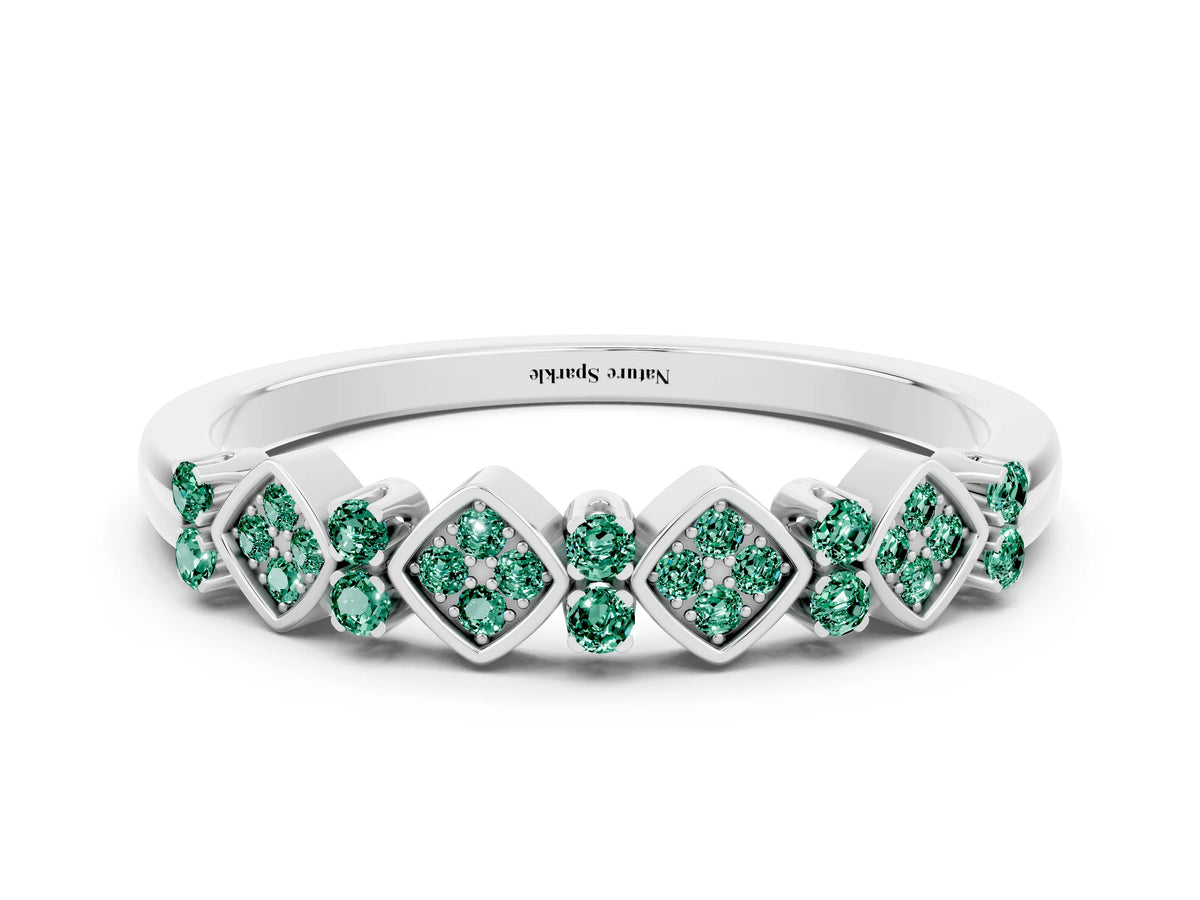 Pavé Cushion Green Sapphire Cluster Eternity Band in White gold with Prong Setting