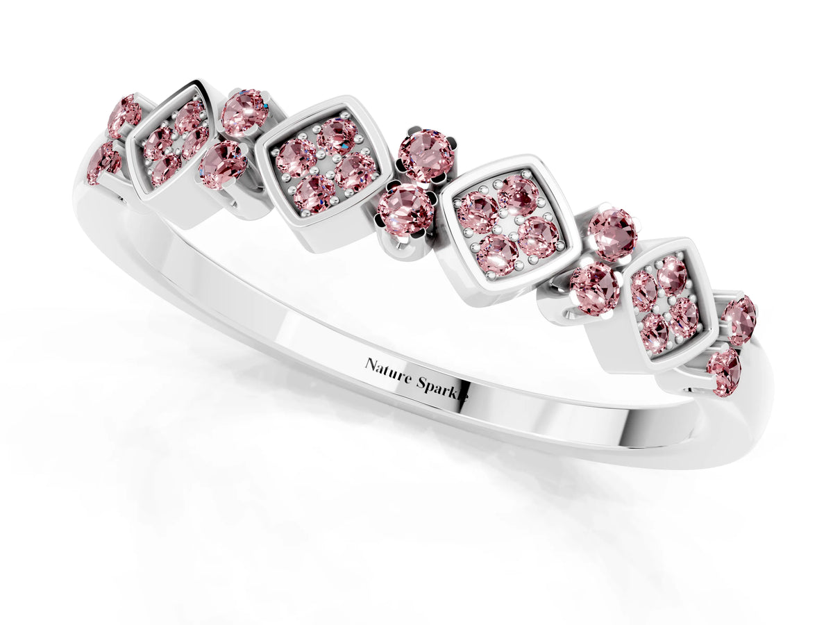Pavé Cushion Morganite Cluster Eternity Band in Silver with Prong Setting_1