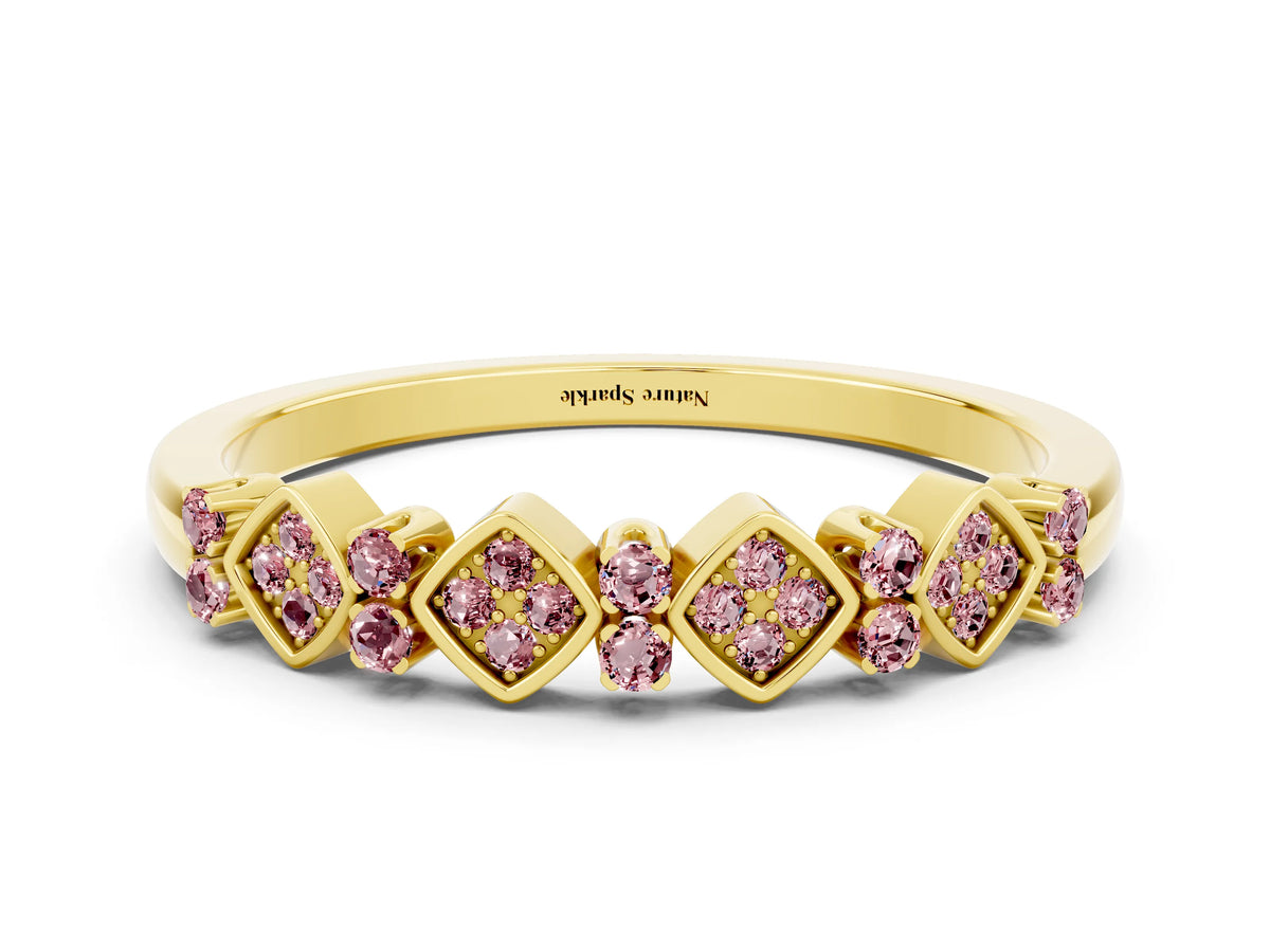 Pavé Cushion Morganite Cluster Eternity Band in Yellow gold with Prong Setting