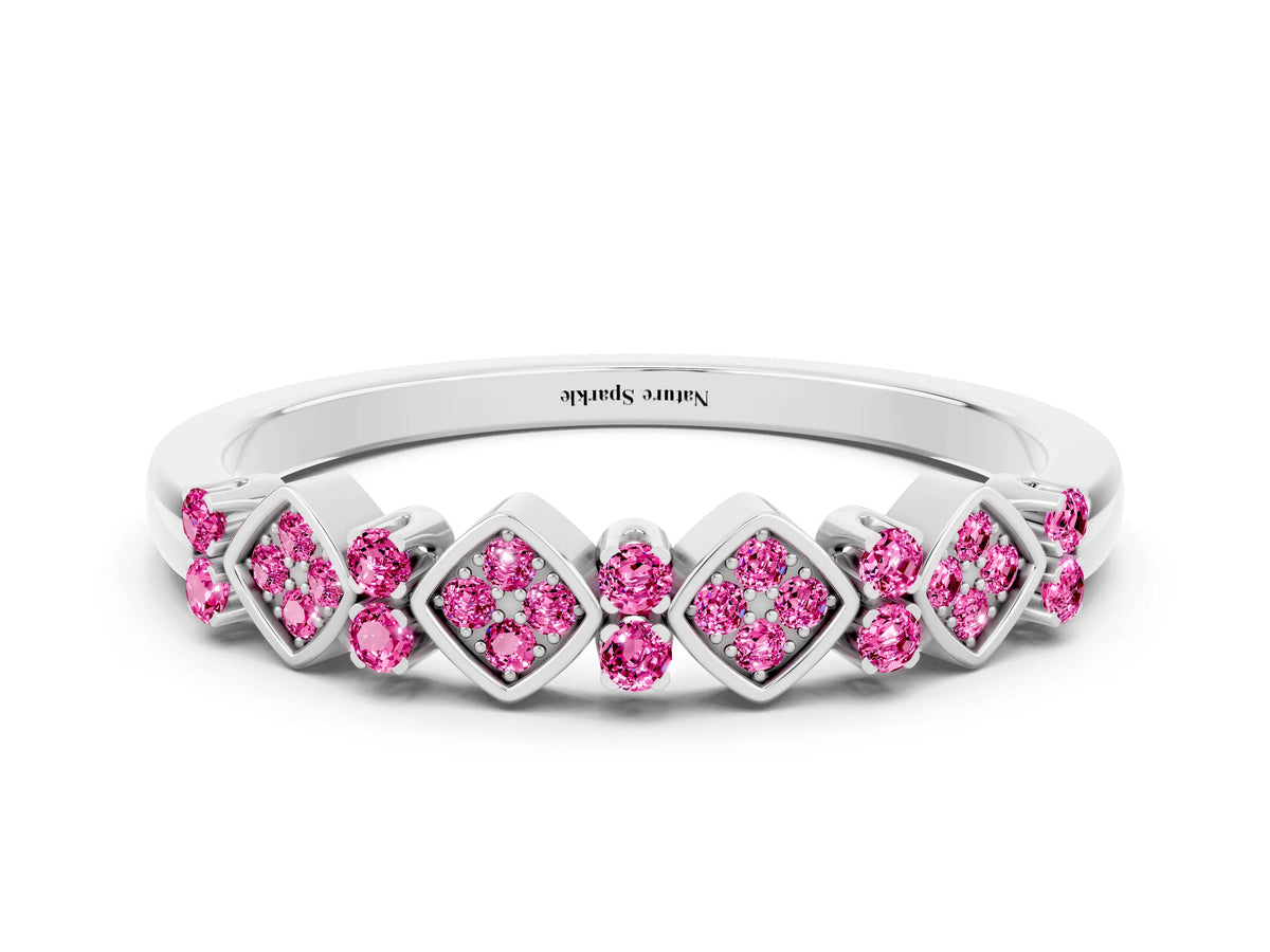 Pavé Cushion Pink Sapphire Cluster Eternity Band in Platinum with Prong Setting