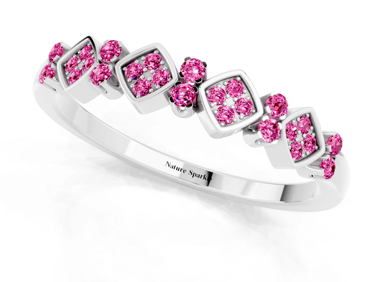 Pavé Cushion Pink Sapphire Cluster Eternity Band in White gold with Prong Setting_1