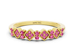 Pavé Cushion Pink Sapphire Cluster Eternity Band in Yellow gold with Prong Setting