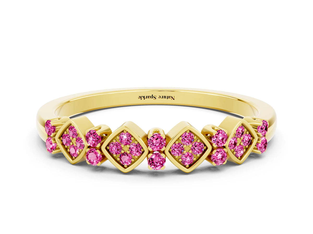 Pavé Cushion Pink Sapphire Cluster Eternity Band in Yellow gold with Prong Setting