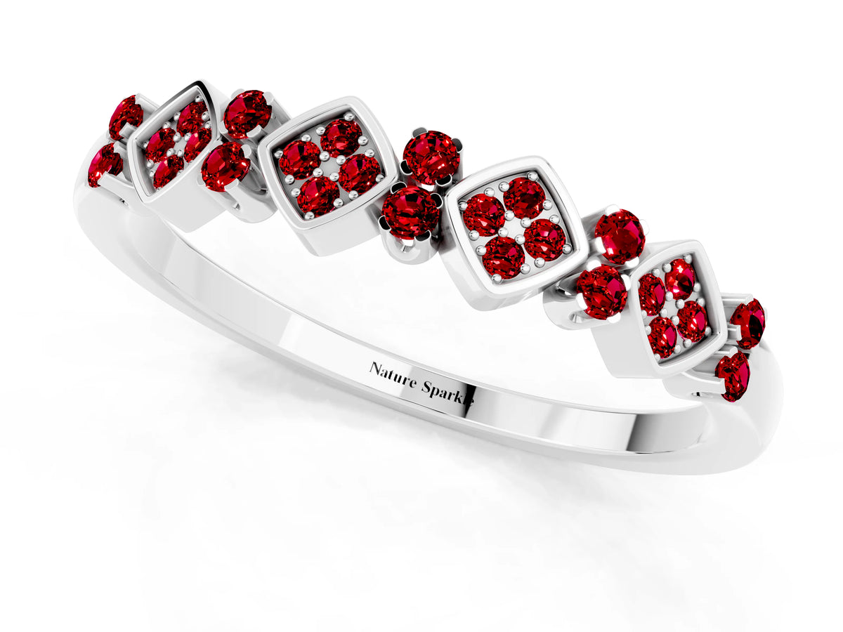 Pavé Cushion Ruby Cluster Eternity Band in Platinum with Prong Setting_1