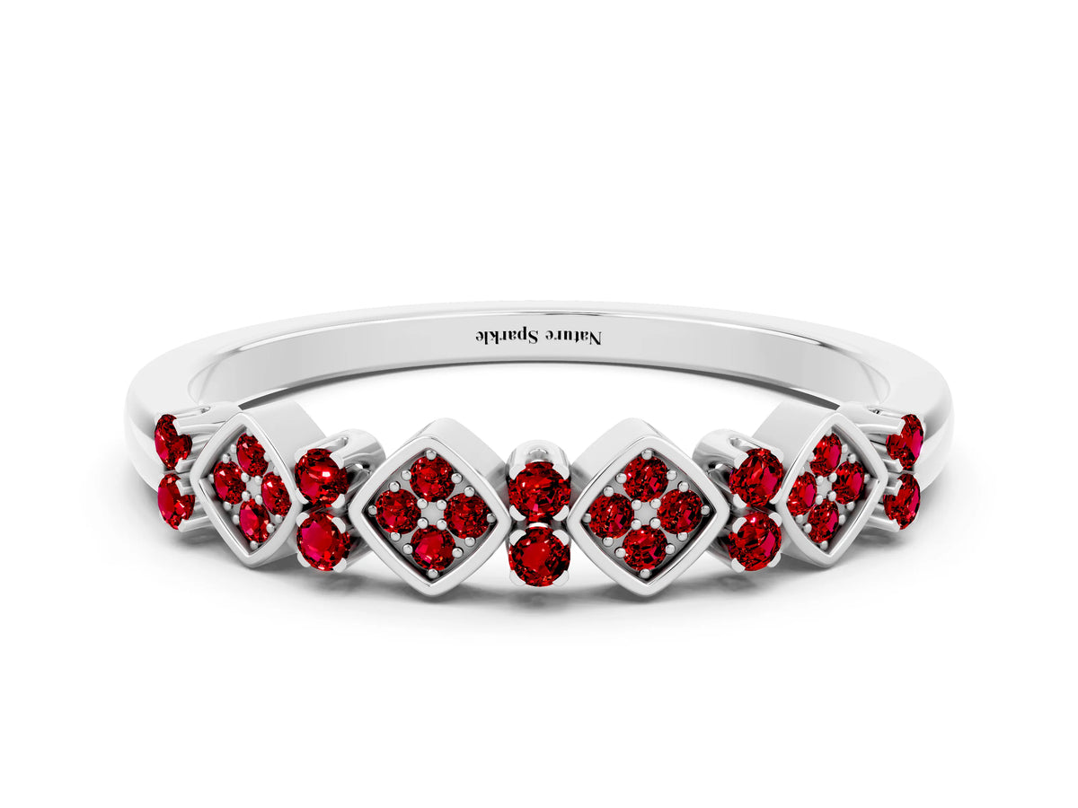 Pavé Cushion Ruby Cluster Eternity Band in Silver with Prong Setting