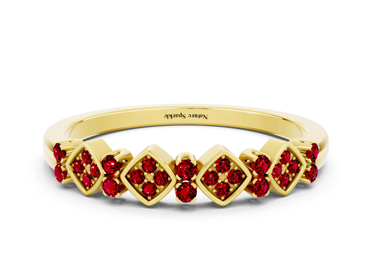 Pavé Cushion Ruby Cluster Eternity Band in Yellow gold with Prong Setting