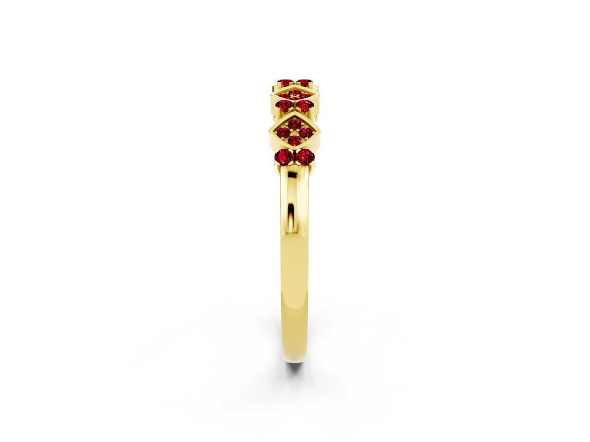 Pavé Cushion Ruby Cluster Eternity Band in Yellow gold with Prong Setting_2