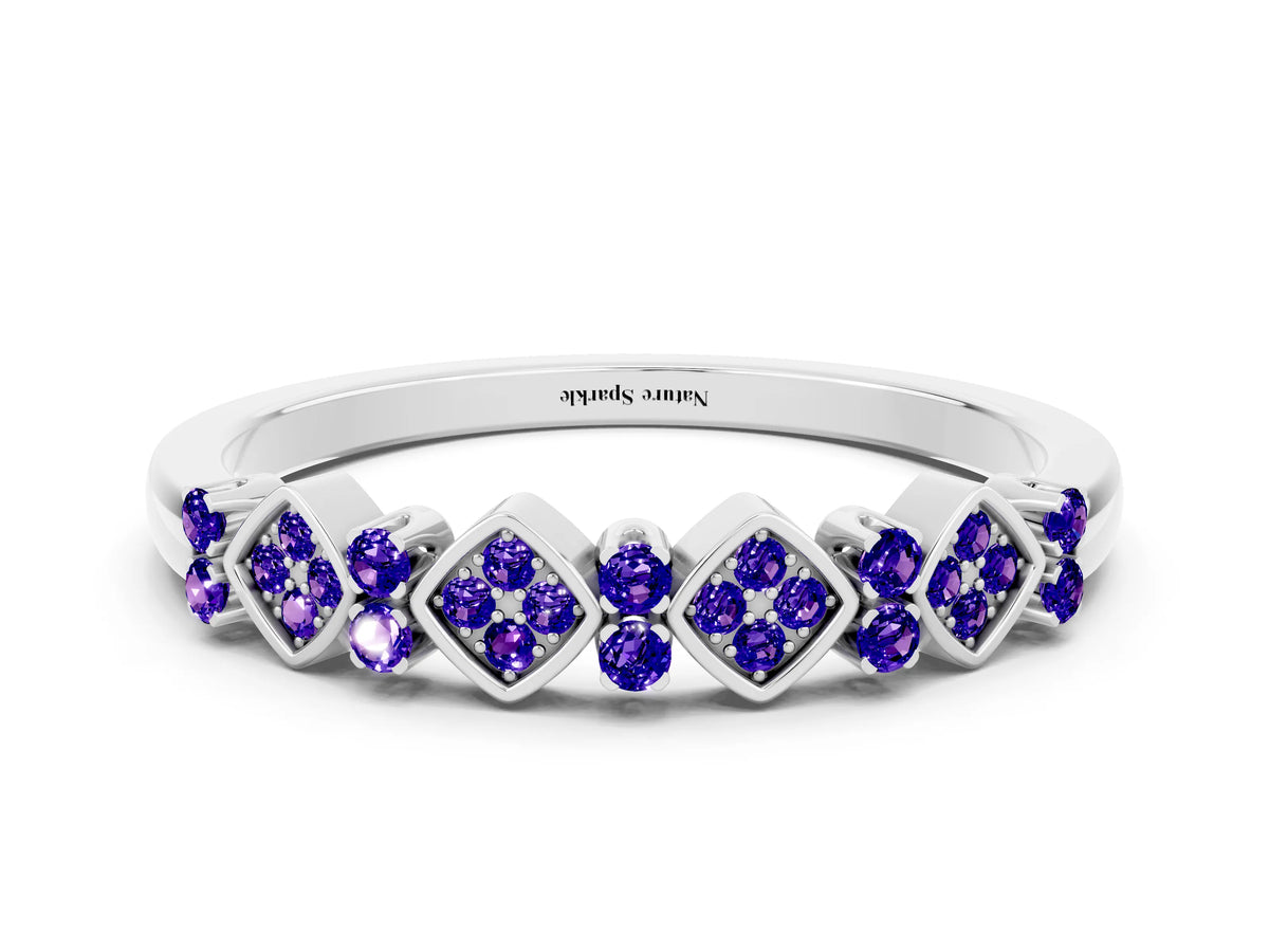 Pavé Cushion Tanzanite Cluster Eternity Band in White gold with Prong Setting