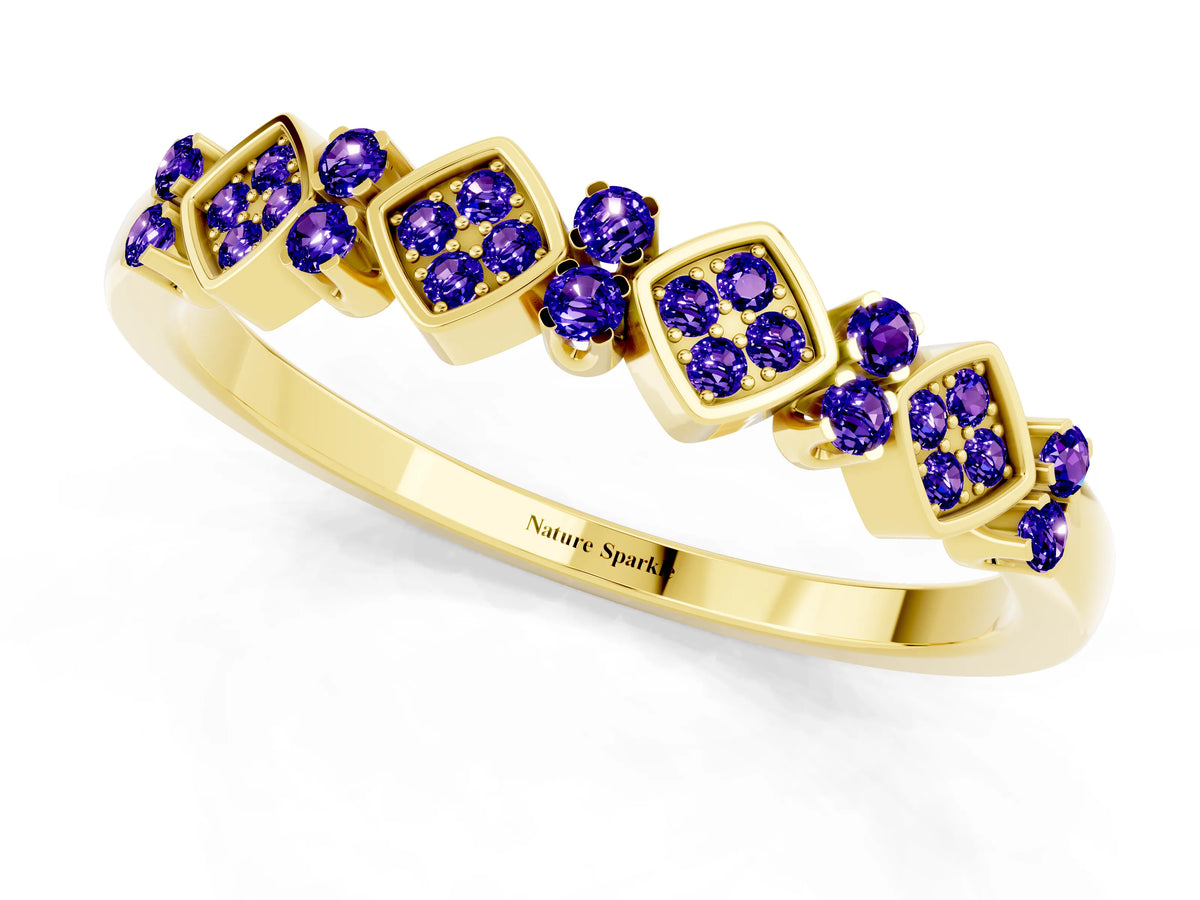 Pavé Cushion Tanzanite Cluster Eternity Band in Yellow gold with Prong Setting_1