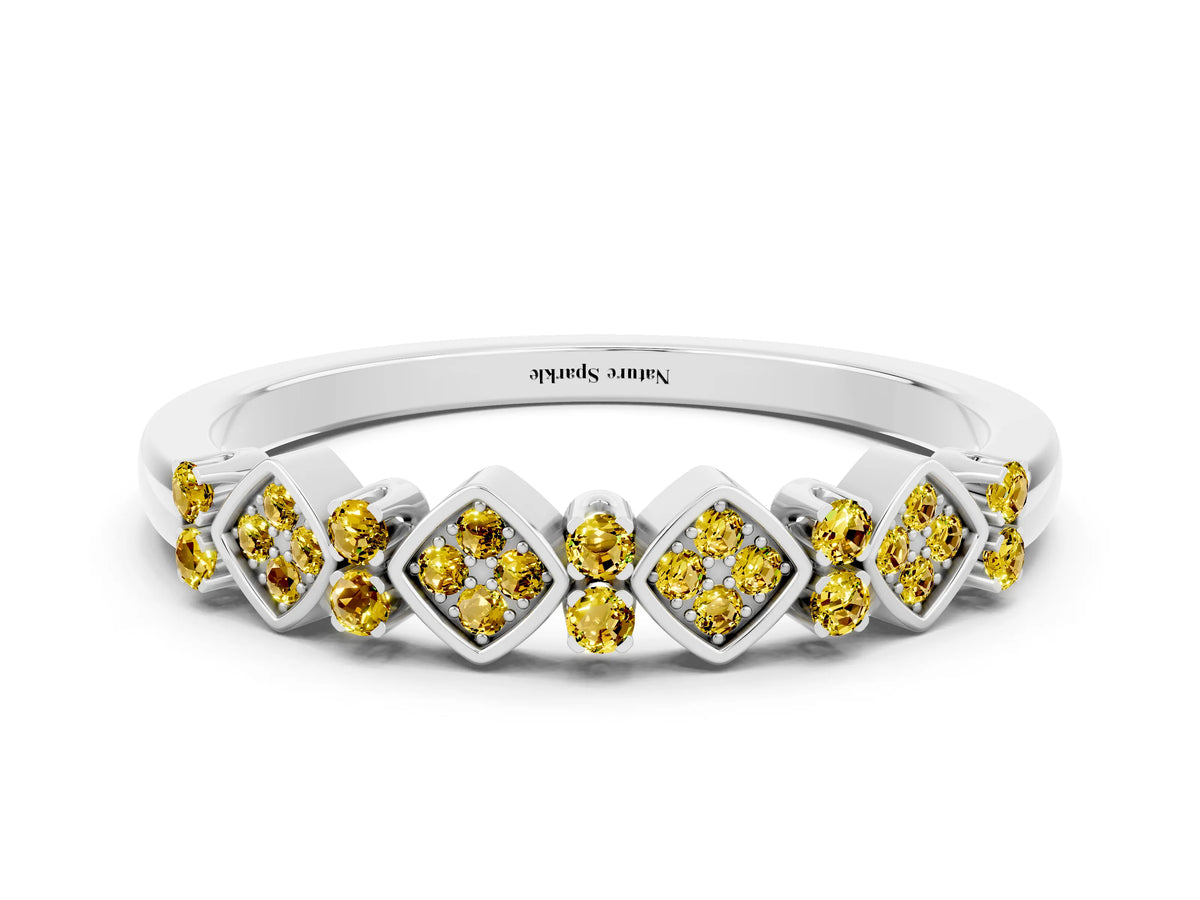 Pavé Cushion Yellow Sapphire Cluster Eternity Band in Platinum with Prong Setting