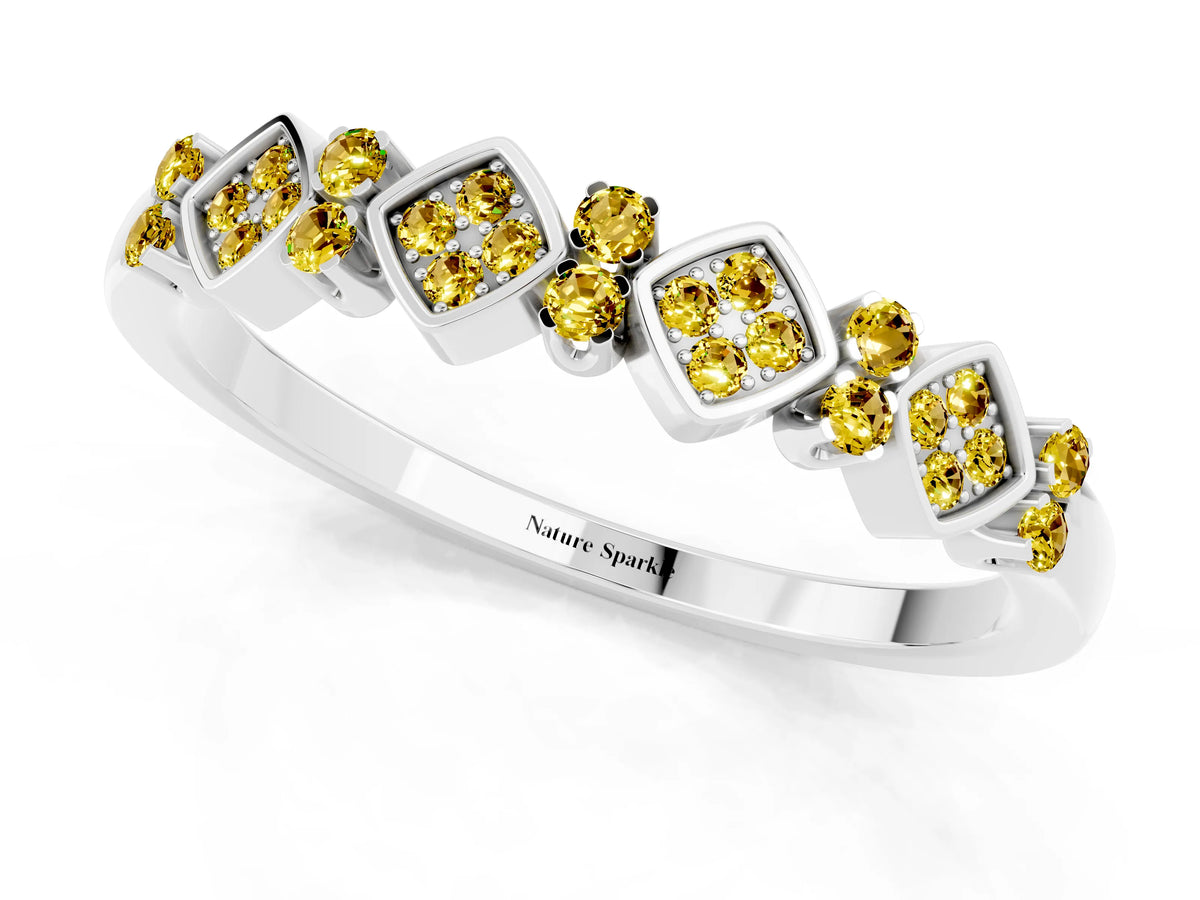 Pavé Cushion Yellow Sapphire Cluster Eternity Band in White gold with Prong Setting_1