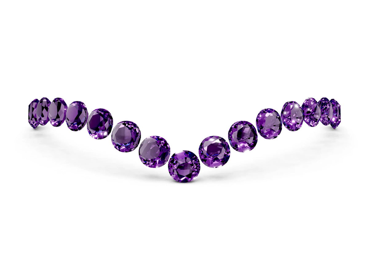 Pavé Round Amethyst Chevron Band in White gold with Shared Prong Setting