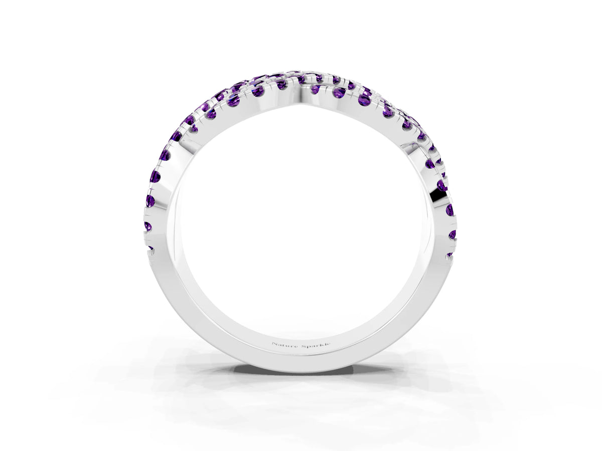 Pavé Round Amethyst Infinity Twist Band in Platinum with Shared Prong Setting_3